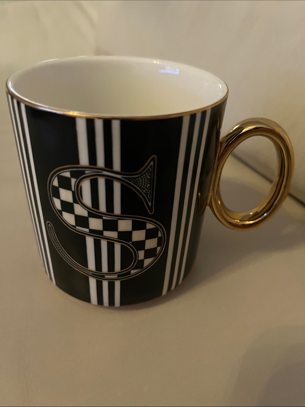 Mackenzie-Childs 'S' Black & White Striped Mug with Gold Handle